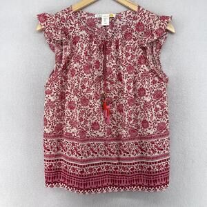 C&C CALIFORNIA Top M Floral Parrot Beaded Tassel Tie Boho Peasant Cotton Pink